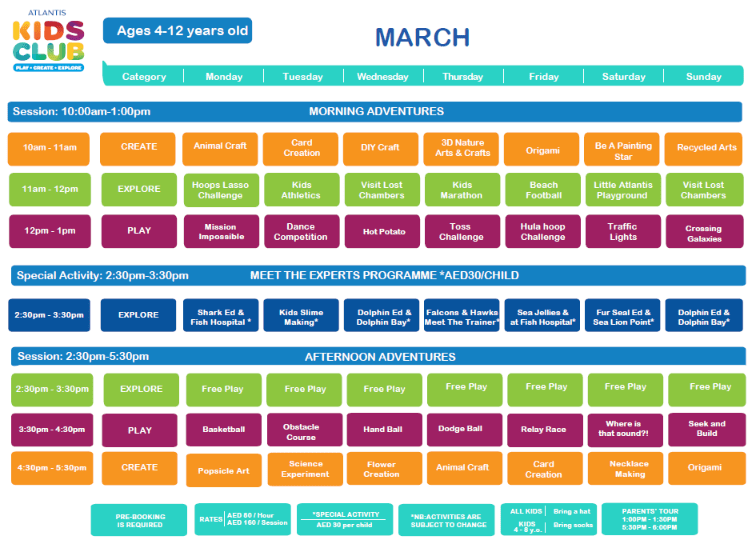 The Atlantis, The Palm Kids Club Timetable